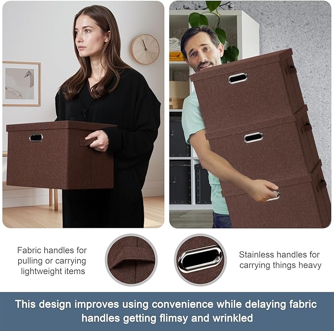 Large 17" 36 Quart Collapsible Stackable Storage Bins with Lids, 3 Packs Dark red Foldable Fabric Closet Storage Boxes with Lids, Heavy-duty Linen Cube Baskets(17x12x11)