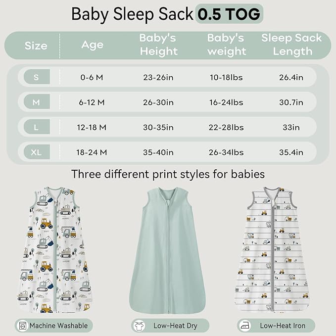 Baby Sleep Sack 0-6 Months 0.5 Tog Wearable Blanket Baby, 3 Pack 100% Cotton Lightweight Sleeping Sack with 2-Way Zipper for Newborn Infant Excavator