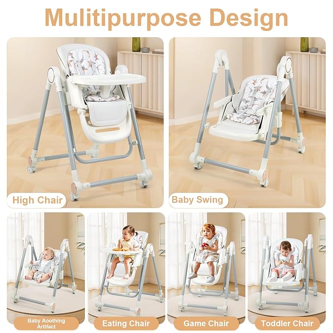 Foldable High Chair for Babies and Toddlers，Baby Swings for Infants 6-36 Months Old, Portable Baby Chair with Adjustable Backrest, Footrest, Tray, and Seat Height, Detachable Leather Cushion