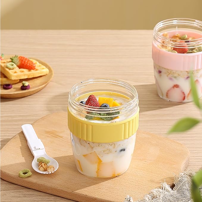 Breakfast On The Go Cups, Overnight Oats Containers With Lid And Folding Spoon, Take And Go Yogurt Cereal Snack Parfait Salad Containers For Lunch, Fruit & Vegetable Jar, 20 oz(Yellow)