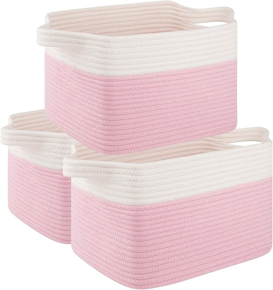 OIAHOMY 3 Pack Storage Basket for Organizing, 13''X9.85''X8.7'' Woven Storage Bins with Handles, toy organizers,Stylish Room Decor, Pink & white