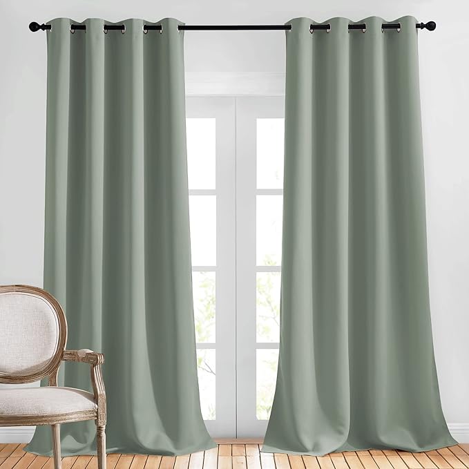 NICETOWN Blackout Bedroom Sage Green Curtains 96 inches Long, Energy Saving Thermal Window Treatments Sound Dampening Drapes Grommet Room Darkening for Living Room, W52 x L96, 2 Panels
