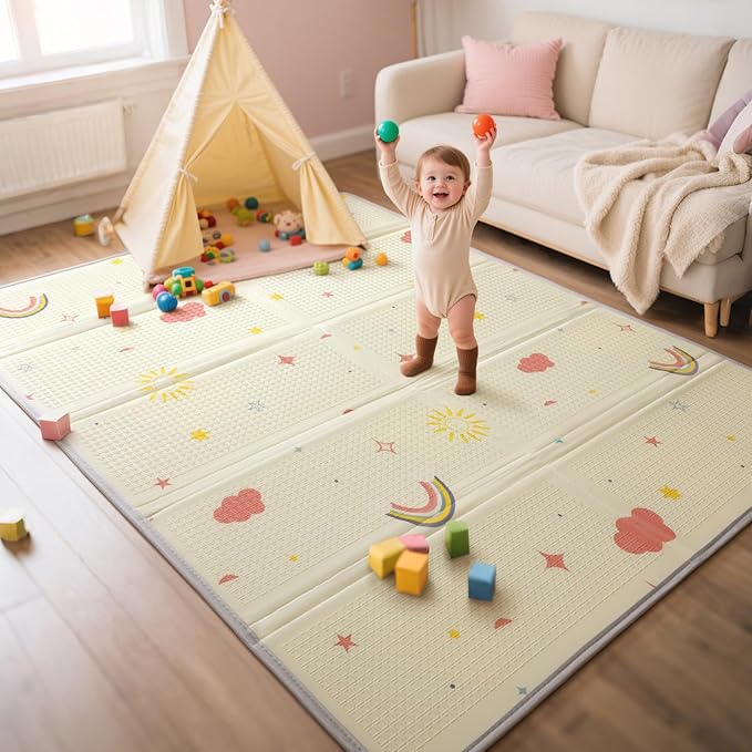 Extra Large Foldable Play Mat, Reversible Baby Play Mat with Edge Reinforcement, Non-Toxic & Waterproof Baby for Floor, Foam Playmat with Travel Bag, Rainbow, Cloud & Moon, 71"x59"