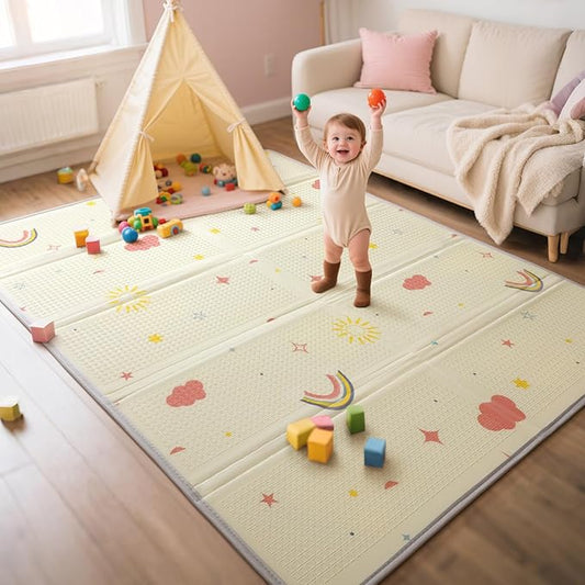 Extra Large Foldable Play Mat, Reversible Baby Play Mat with Edge Reinforcement, Non-Toxic & Waterproof Baby for Floor, Foam Playmat with Travel Bag, Rainbow, Cloud & Moon, 71"x59"