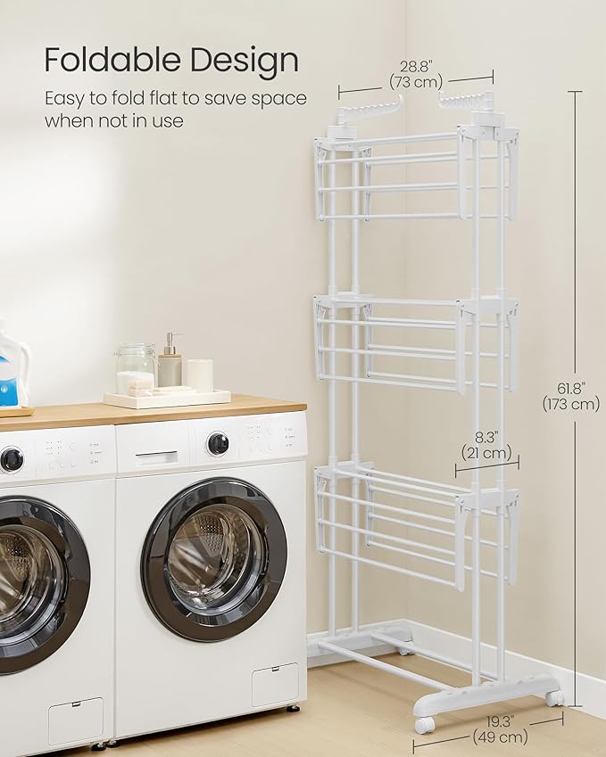 SONGMICS Clothes Drying Rack Stand 4-Tier, Foldable Laundry Drying Rack 68.1-Inch Tall, Stainless Steel, Rolling Clothes Horses Dryer Rack, Easy to Assemble, Indoor Outdoor Use, Cloud White ULLR701W03