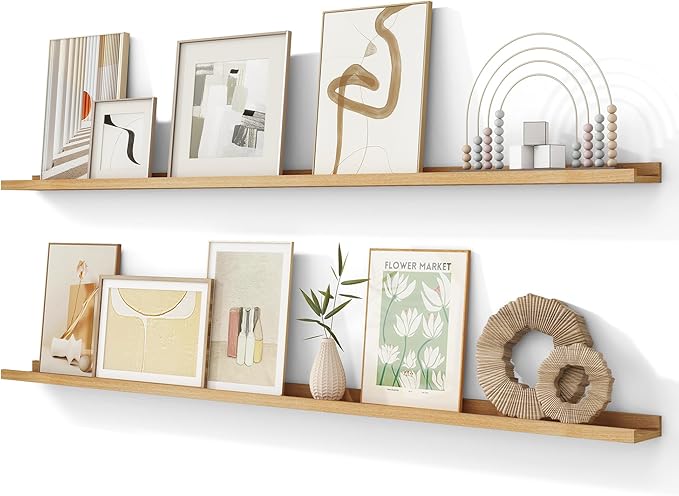 Picture Ledge Shelf, 72 inch Solid Ash Wood Floating Shelves Set of 2, Picture Ledge Photo Ledge Wall Mounted for Living Room Kids' Room Bedroom, Color Natural