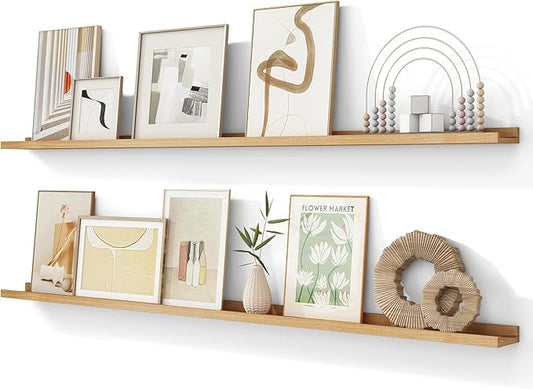 Picture Ledge Shelf, 72 inch Solid Ash Wood Floating Shelves Set of 2, Picture Ledge Photo Ledge Wall Mounted for Living Room Kids' Room Bedroom, Color Natural