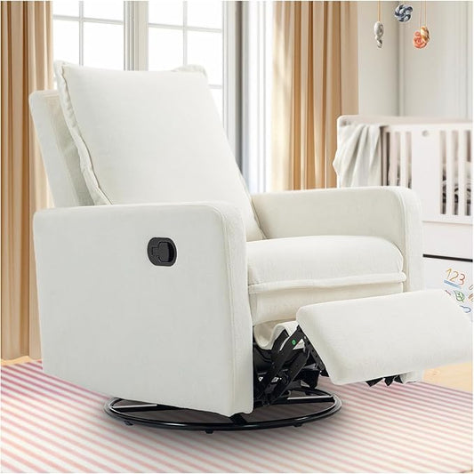 Swivel Rocking Recliner Chair for Nursery, Upholstered Glider Rocker Recliner, Swivel Reclining Chair for Nursery Living Room Bedroom, White Short Plush