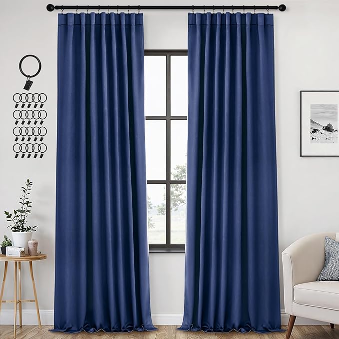 ANRODUO Back Tab Blackout Curtains for Bedroom Living Room, Rod Pocket Pinch Pleated Thermal Insulated Room Darkening Curtains 96 Inches Long 2 Panels, Navy Blue, 42 x 96 Inch