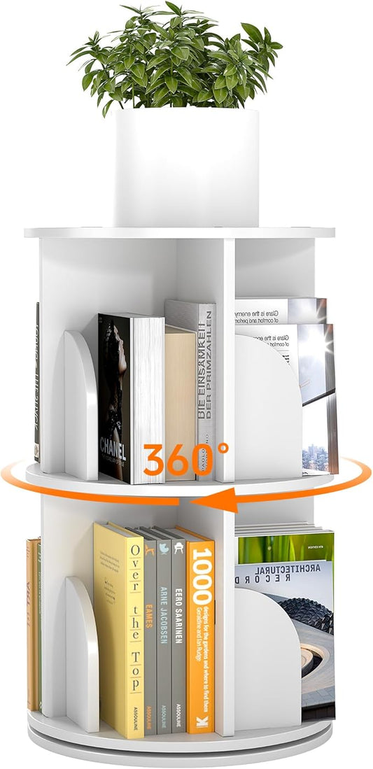 Rotating 2-Tier Bookshelf, 360° Spinning Corner Bookcase with Lazy Susan, White Space Saving Organizer for Study Room, Home Office, Kids Rooms, Bedroom, Adults & Kids