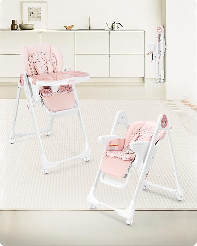 Foldable High Chair with Soft Cushion, High Chairs for Babies and Toddlers, Height Adjustable Feeding Chair, Adjustable Backrest and Footrest, Lockable Wheels, Star Pink