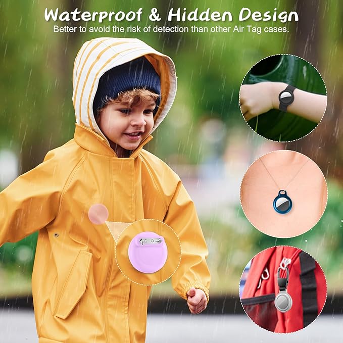Waterproof Air Tag Holder for Kids, 4 Pack Air Tag Case with Invisible Pin, Soft Silicone Anti-Lost for Apple Air Tag, Used for Children, Elderly, Hidden Inside Clothes, Bag (White/Black/Pink/Purple)