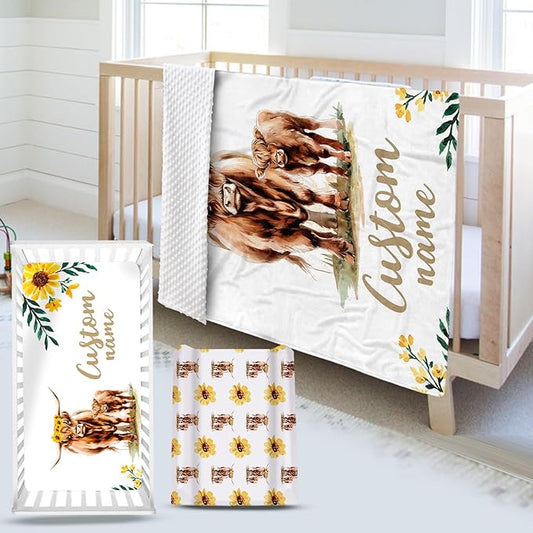 Custom Name Crib Bedding Set - Highland Cow Theme, Personalized Yellow Floral Nursery Bedding 3-Piece Set– Soft Blanket, Fitted Sheet, Changing Pad Cover – for Newborns Girls Nursery Gifts