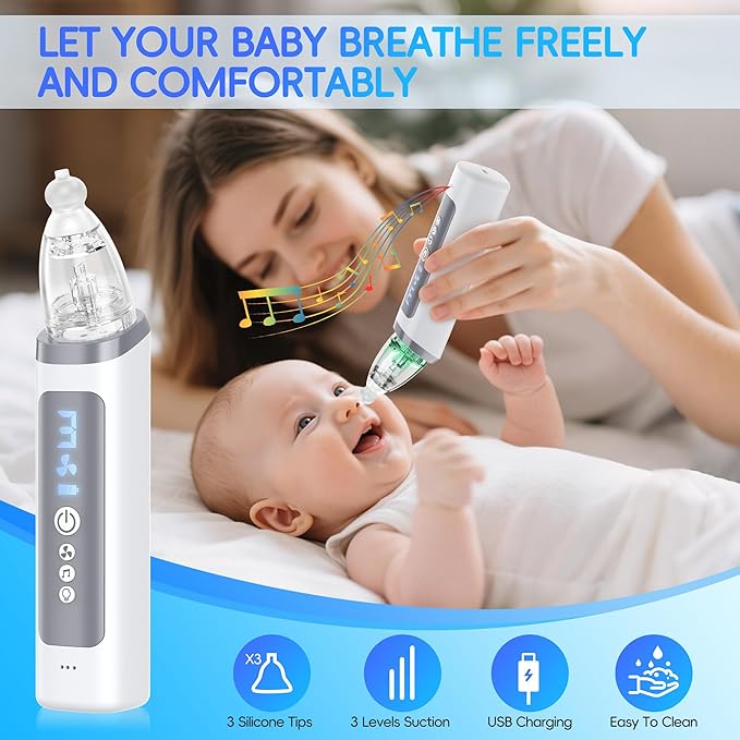 Nasal Aspirator for Baby, Electric Nose Sucker for Baby & Toddler, Congestion Relief with 3 Levels Suction,Soothing Light & Nursery Rhymes