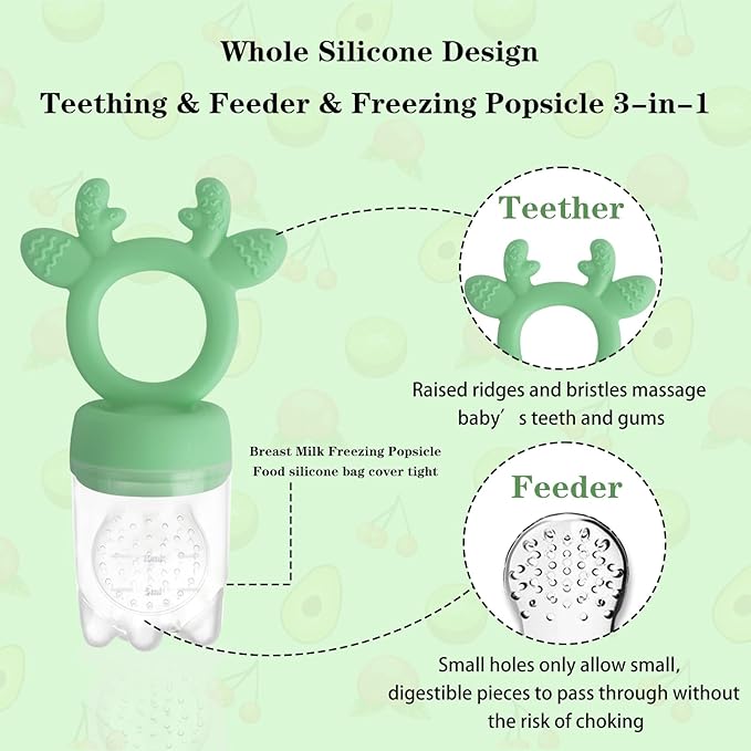 Baby Fruit Food Feeder - Silicone Nibble Tray Combo - Breastmilk Popsicle Mold for Cooling Relief, BPA Free Mesh Feeder for Infant Self Feeding (Deer Green + Pineapple)