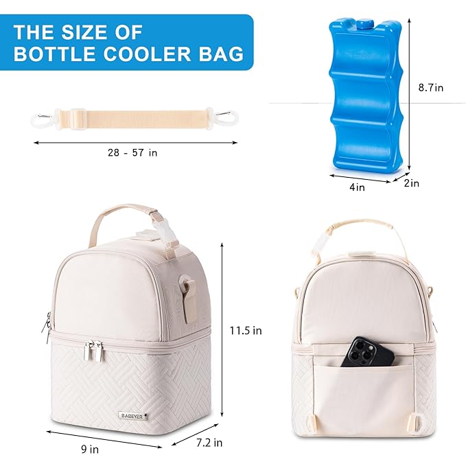 Breastmilk Cooler Bag with Ice Pack Fits 6 Baby Bottles up to 9 Ounce, Breast Milk Pump Cooler Bag with Shoulder Strap for Nursing Mom Daycare, Work, Travel- Cream