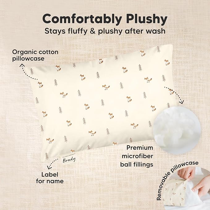 Mini Toddler Pillow with Pillowcase - 9x13 My Little Dreamy Travel Kids Pillow for Sleeping, Toddler Bed, Small, Tiny, Organic Cotton Pillowcase, Soft & Breathable, Kids 2-4 Years Old (Fox Tales)