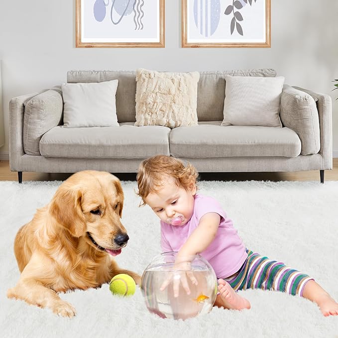 6x9 White Area Rugs for Living Room, Fluffy Shaggy Rug for Bedroom, Anti-Skid High Pile Indoor Carpet for Nursery, Kids Room, Bedside, Home Decor