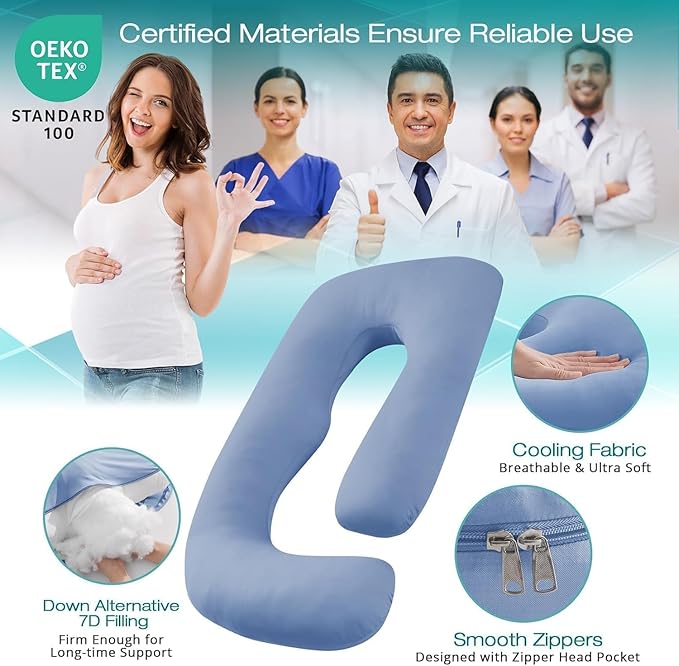 Sasttie Pregnancy Pillows for Sleeping, Jumbo U Shaped Cooling Full Body Pillow with Removable Cover, Pregnant Women Must Haves, Maternity Essential, Blue