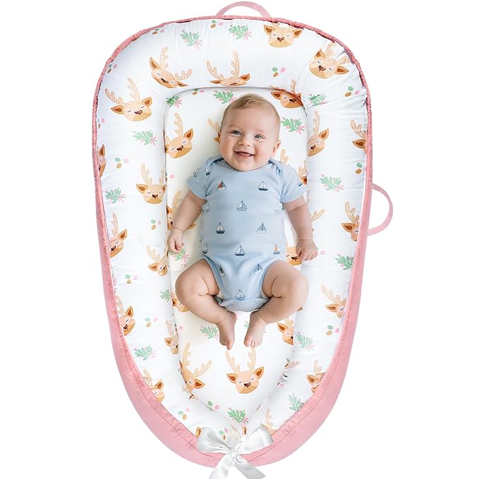 Baby Lounger - Baby Lounger for Newborn 0-24 Months, Breathable and Soft Cotton Cover Baby Nest, Portable Cozy Tummy Time Lounger for Home and Travel, Ideal Baby Essentials & Shower Gifts