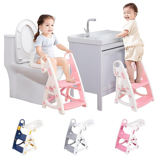 Potty Training Seat: 2 in 1 Design Potty Seat for Toilet & Nursery Step Stool for Sink Potty Training Toilet with Height Adjustable Ladder for Kids of All Ages (Light Pink)