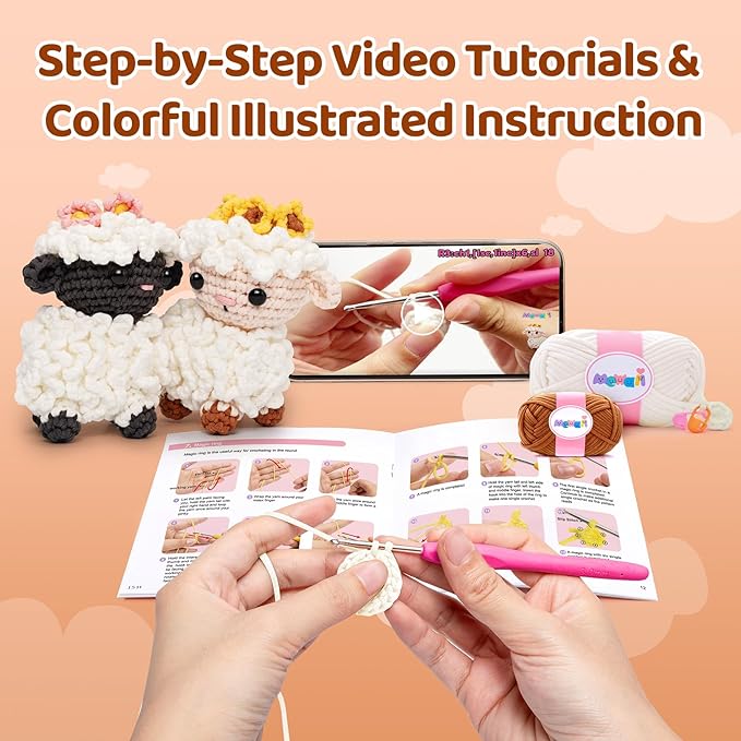 Mewaii Crochet Kit for Beginners Level 1 with 40% Extra Eco-Friendly Pre-Started Easy Yarn, Step-by-Step Video Tutorials for Adults and Kids (2 Pack Lambs)