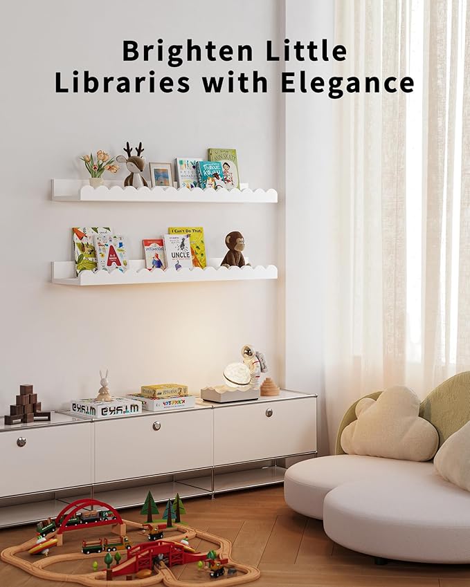 Nursery Book Shelves, 4-Pack White Floating Shelves for Wall Kids, Scalloped Shelves, Wall Book Shelves for Bedroom Kids, Toddler Room, Baby Room, Nursery Decor