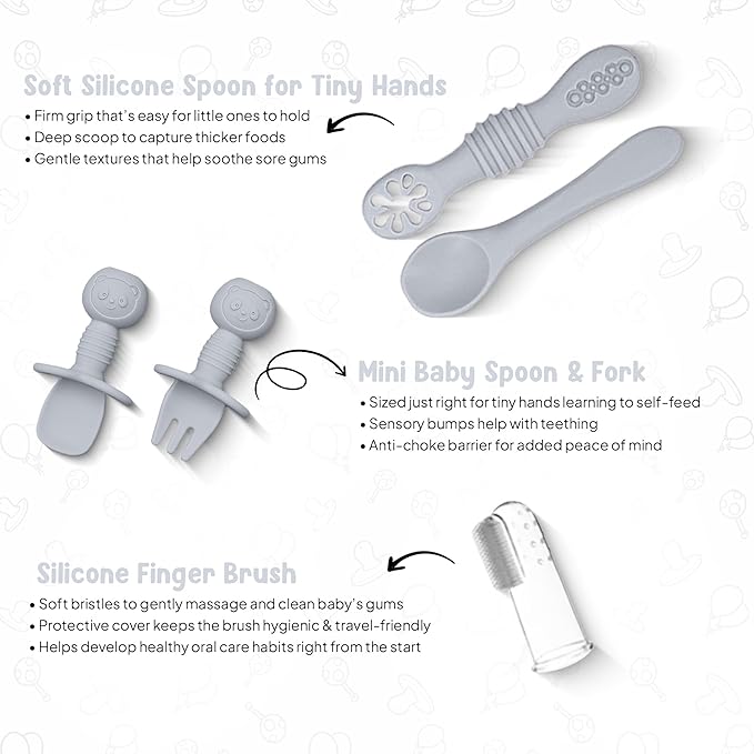 O'doe 11-Piece BPA-Free Silicone Baby Feeding Set | Thick & Soft Suction Plates, Baby Bowls, Wooden Fork & Spoon, and More | Make Mealtime Fun and Easy for Your Little One (Grey, V1)