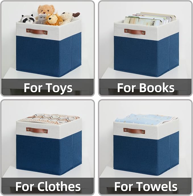 HNZIGE Fabric Storage Cubes Bins for Shelves,13x13 Storage Cubes, Set Of 4 Foldable Cubby Storage Bins for Organizing, Cloth Blue Storage Baskets for Cube Organizer Toy Nursery Shelves(Blue&White)
