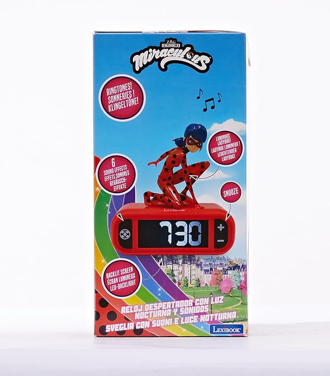 LEXiBOOK - Miraculous Digital Alarm Clock with Night Light Snooze, Clock, Luminous Ladybug, Red Colour - RL800MI