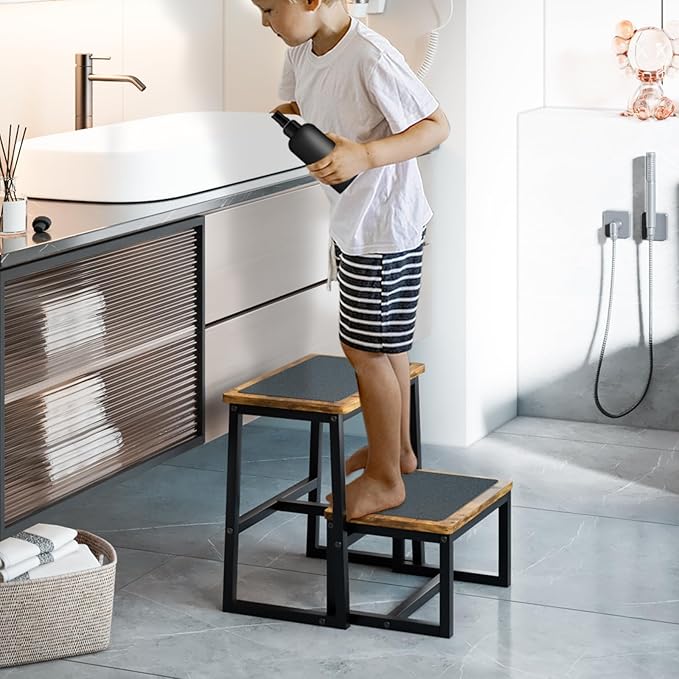 Step Stool for Adults,Holds up to 500Lb,3 in1 Heavy Duty Sturdy Two StepStools for Kichen/Bathroom/High beds, Wooden&Metal Frame, Non-Slip Pads