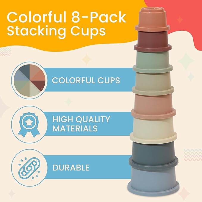 Stacking Cups Baby Toy Educational Cup Stacking Set 8-Pc Stackable Cups with Number Rainbow Nesting Cups for Babies 6-12 Months Stacking Cups for Toddlers 1-3 Perfect for Indoor/Outdoor