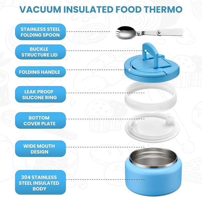 Soup Thermo for Hot Food Kids 13.5oz Lunch Containers with Buckle Lid Wide Mouth Hot Food Jar Vacuum Insulated Stainless Steel Bento Box Leakproof with Spoon(Blue)