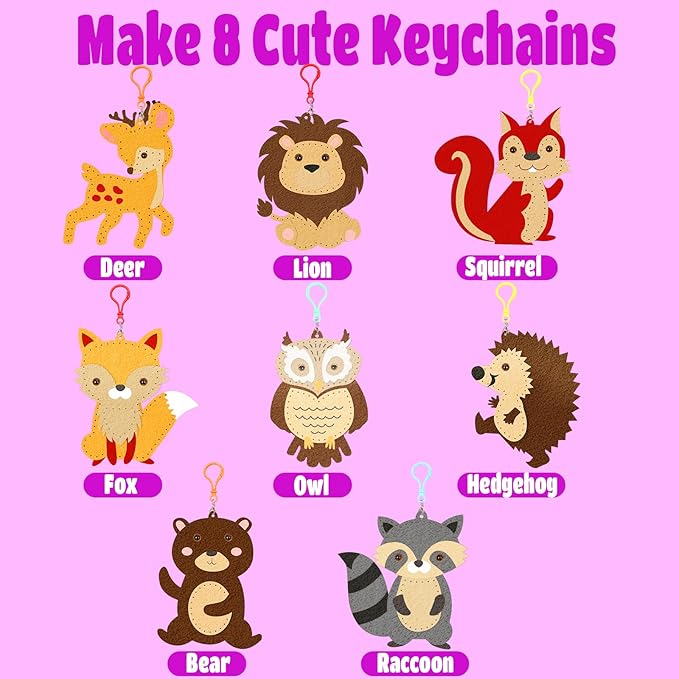 Sewing Kit for Kids, Friendship Keychain Making Toys, Beginner Arts and Crafts,8 Easy DIY Ornaments of Animal,Birthday Christmas Gifts Presents for Girls Age 6-12,Learn to Sew Embroidery