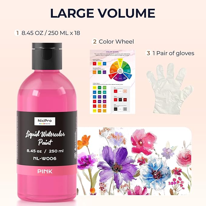 Nicpro 18 Colors Liquid Watercolor Paint Set, 8.45oz Large Bulk Liquid Watercolor Paint, Non-Toxic Water Colors Painting Supplies for Art Activity, Craft DIY, Poster, School, Home, Classroom, Party