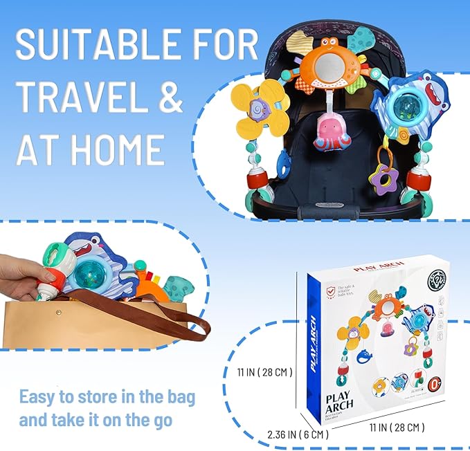 Adjustable Baby Stroller Arch Toy, Car Seat Toys for Infants 6-12 Months Hanging Toy Bar Attachment with Teether & Sound, Crib Comfort Gift for Birthday, Baby Shower