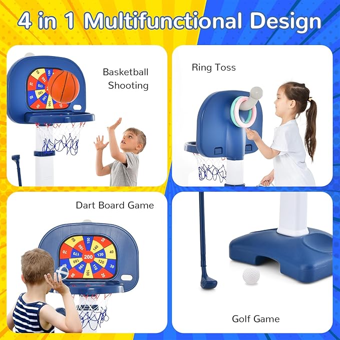 Costzon Kids Basketball Hoop, 4-in-1 Toddler Sports Activity Center with 5 Adjustable Height, Basketball Golf Toss Ring Dart Board Game Set, Indoor Outdoor Toddler Basketball Hoop, Gift for Boys Girls