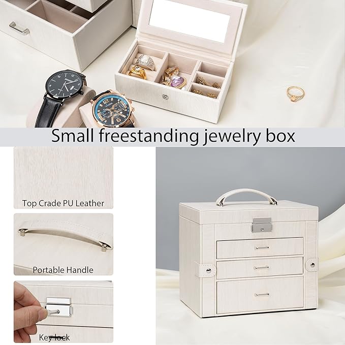 AKOZLIN 4-Tier Jewelry Box Lockable Leather Jewelry Storage Case Organizer with 3 Drawers for Women Girls Ring Necklace Earring Bracelet Watches Holder with Mirror