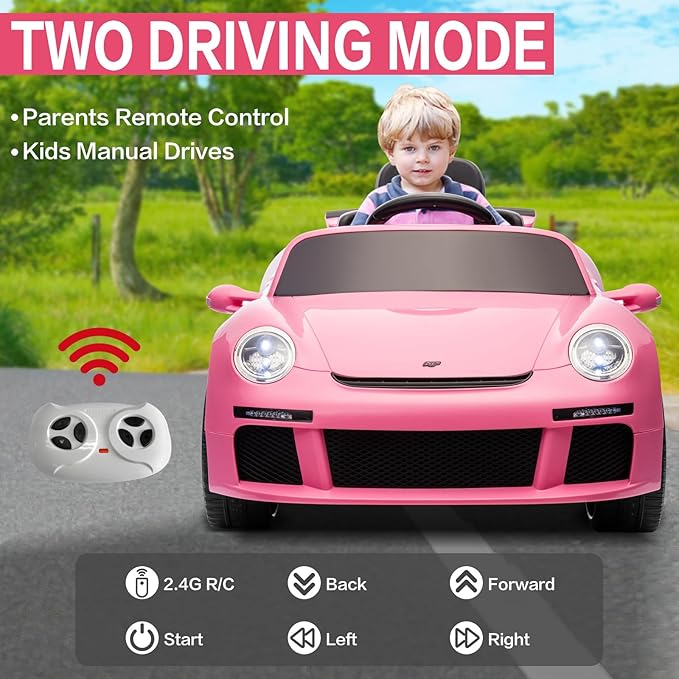 Licensed RUF CTR3 12V Kids Ride On Car with Parent Remote Control, MP3 Player, Battery Powered Electric Toy with 2 Motors, 3 Speeds, LED Lights - Pink