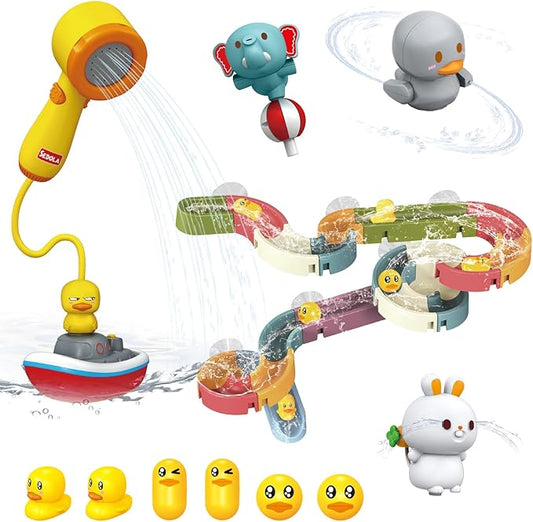Mostop Toddler Bath Toys for Kids 4-8, Wall Track Buiding Set - Baby Bathtub Toys with Shower Head - Duck Slide Bath Toys - Fun DIY Wall Track Building Set Bathtub Birthday Gift for Boys Girls