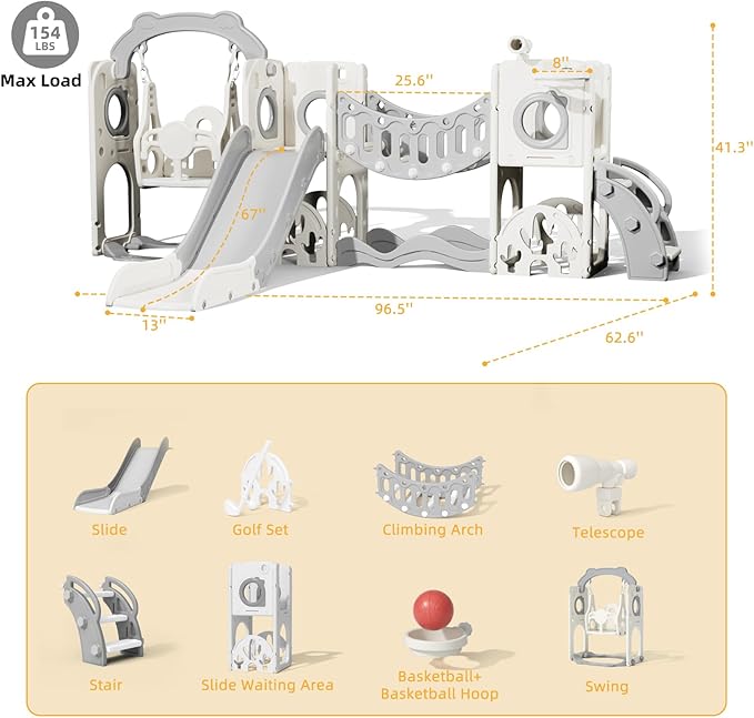 KORIMEFA 11 in 1 Toddler Slide and Swing Set, Kids Slide for Toddlers, Outdoor Indoor Playground for Toddlers 1-3, Toddler PlaySet with Basketball Hoop and Ball Golf Set, Climbing Arch(Grey)