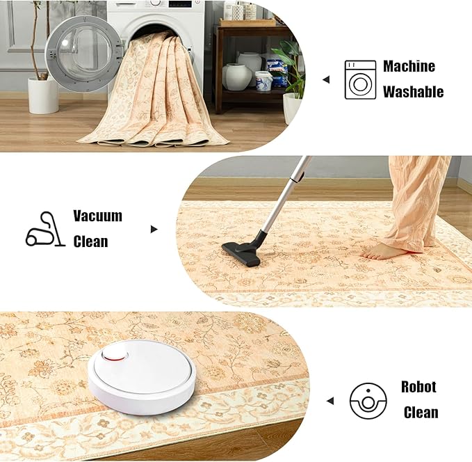 LOCHAS Washable Area Rugs 8x10, Peach Floral Rug for Living Room Bedroom Non Slip, Ultra Soft Vintage Indoor Carpet for Kids, Nursery, Dorm, Dining Room, Classroom, Boho Flower Home Decor, Low-Pile