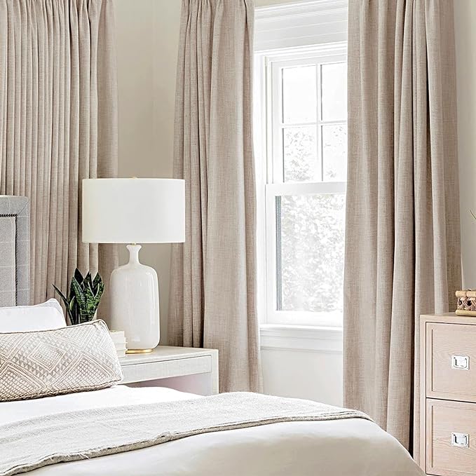 MIULEE 100% Blackout Linen Textured Curtains for Bedroom Solid Thermal Insulated Natural Beige Grommet Room Darkening Curtains & Drapes Luxury Decor for Living Room Nursery 52 x 132 Inch (2 Panels)
