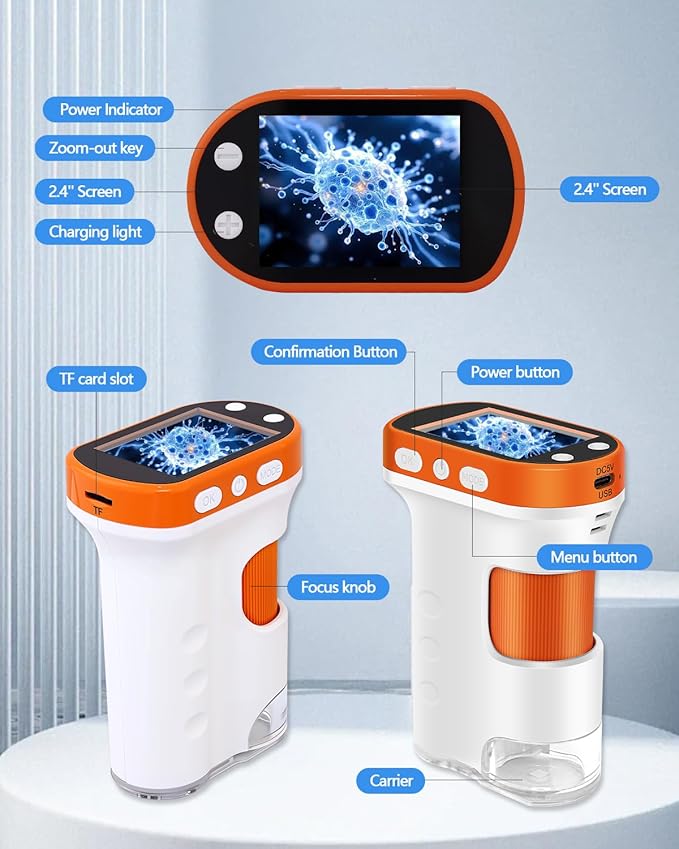 Microscope for Kids 1000x Magnification, 2.4-inch ScreenPocket Microscope with Photo and Video Recording (with Slide Kit) Portable Educational Gift