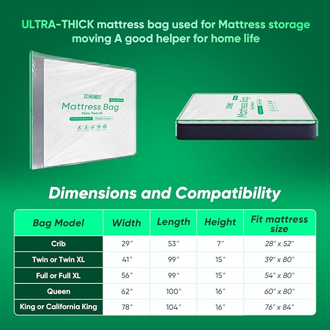 ZCHENBS® – Mattress Bags for Moving and Storage,Mattress Bag with Zippers,5 Mil Ultra-Thick Bed Bag,Waterproof,Anti-Tear,Heavy-Duty Mattress bag (Tansparent/Green, Green-Twin/Twin XL-(1 Pack))