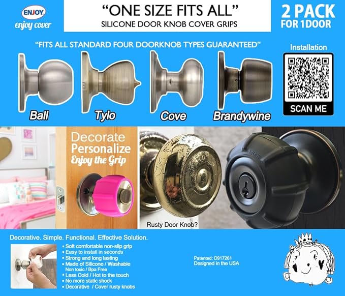 Enjoy Cover - 2 Pack Silicone Door knob Grips Maximum Grip Nonslip Arthritis & Senior Living Aids Grippy Easy Open Fits All Door Knob Universal Size Decorative (Hot Pink)