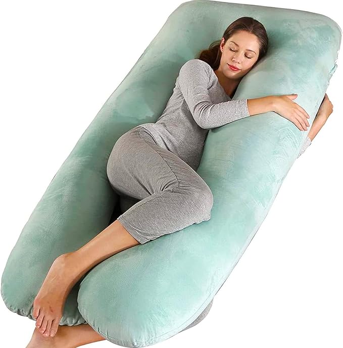 Amagoing 55 inches Pregnancy Pillows for Sleeping, U Shaped Maternity Full Body Pillow for Pregnant Women with Hip, Leg, Back, Belly Support, Washable Velvet Cover Included (Mint Green)