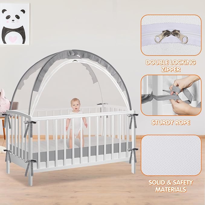 Crib Tent to Keep Baby from Climbing Out - Crib Net to Keep Baby in - Pop Up Breathable Cribs Cover - Canopy with Upgrade Strong Mesh and Durable Zipper (Grey, Lager)