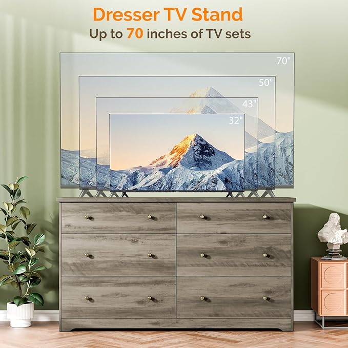 VINGLI 59" Long Dresser 6 Drawer, Grey Large Dresser for Bedroom, Rustic Gray Chest of Drawers, Farmhouse, 59" W x 15.75" D x 32" H