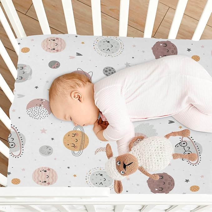 Galaxy Space Planets Crib Sheets for Boys and Girls, Fitted Baby Crib Sheets Soft and Breathable Mini Crib Sheets 52 X 28 Inches